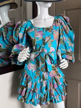 Turquoise Floral Puff-Sleeve Tiered Mini Dress with Self-Tie Waist